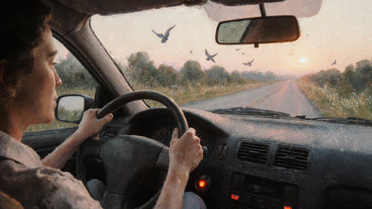 Auto s opotřebovanými koly jede ráno po klidné silnici, na přístrojové desce svítí upozornění.