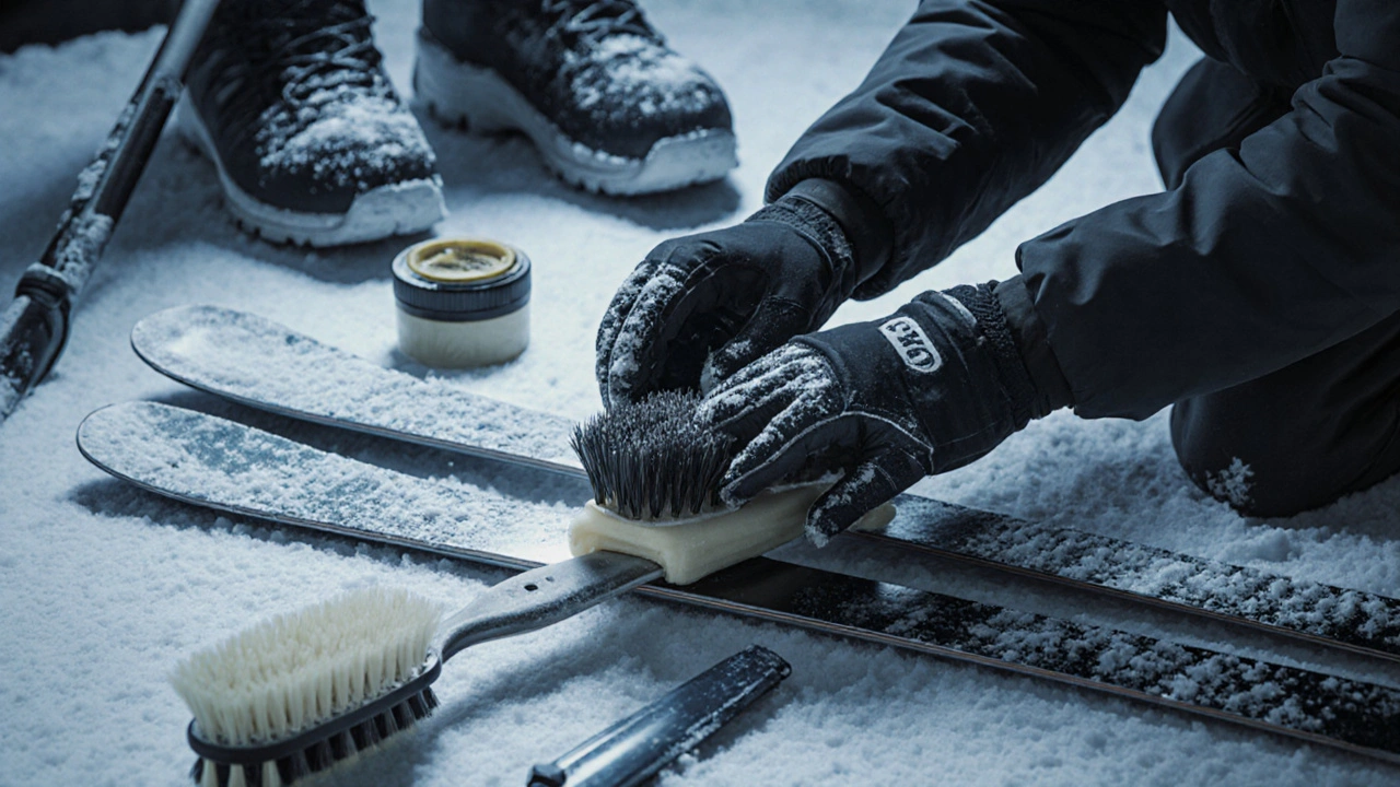 Čerstvě zamazané a leštěné lyže na stole s nástroji pro údržbu.