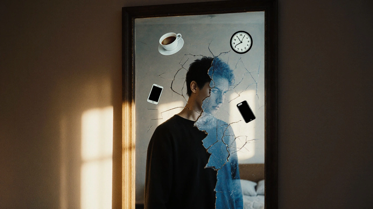 Člověk se dívá do zrcadla, kde jeho odraz je rozdělený na zdravou a poškozenou verzi sebe sama.