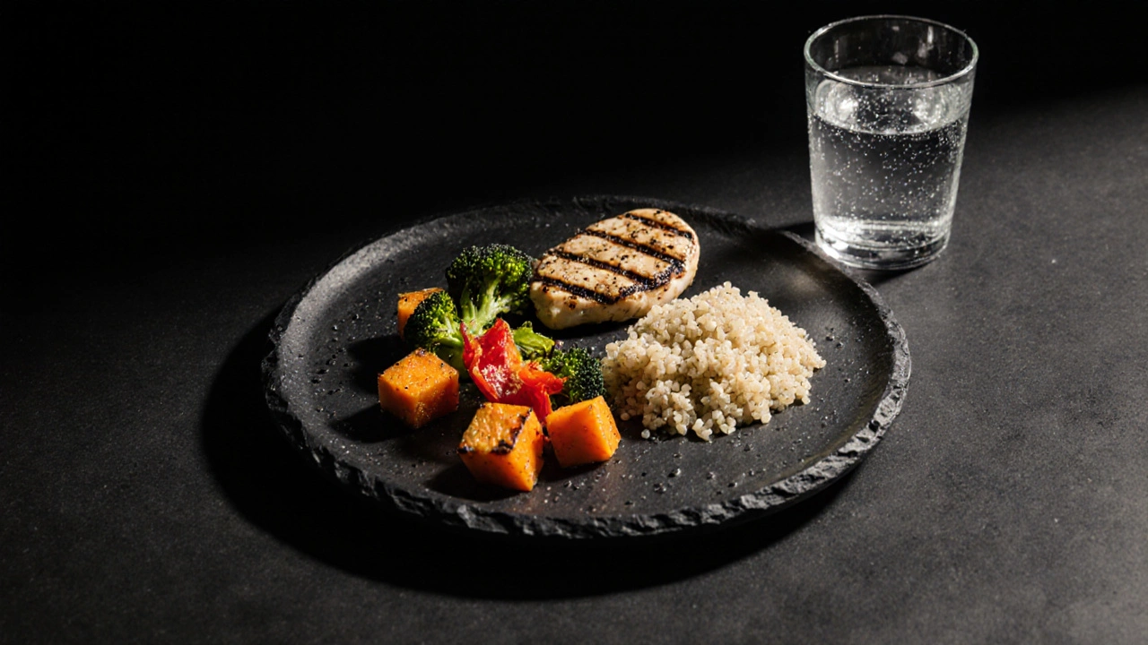 Elegantní fotka kuřecího masa, quinoa a zeleniny po tréninku.