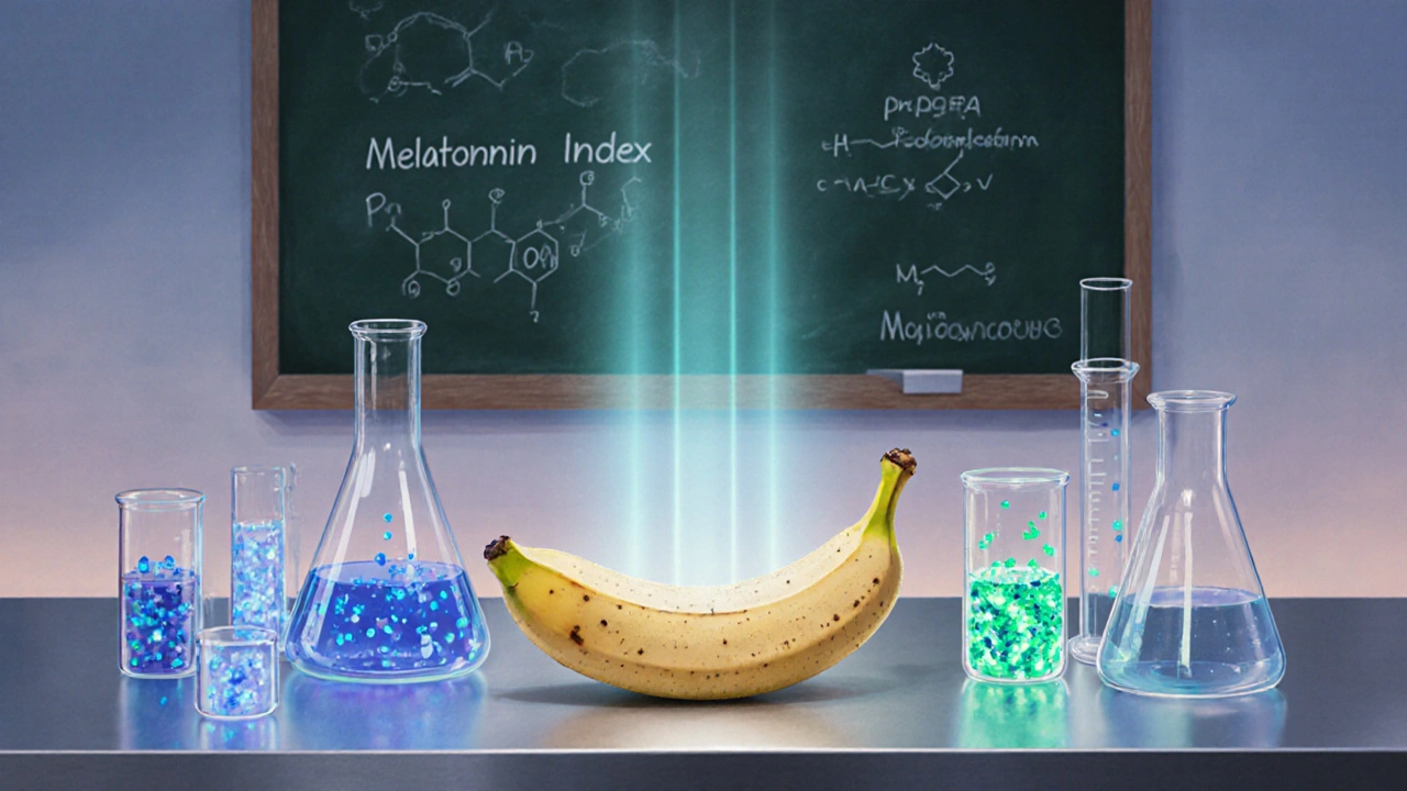 Ilustrace banánu obklopeného molekulami melatoninu a serotoninu v laboratoři.