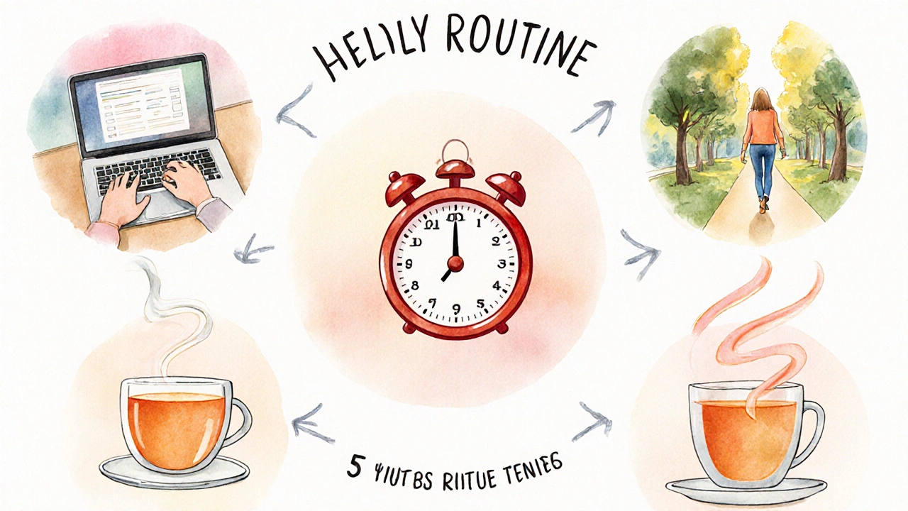 Ilustrace denních kroků: Pomodoro, procházka, dechová cvičení v pastelových barvách.