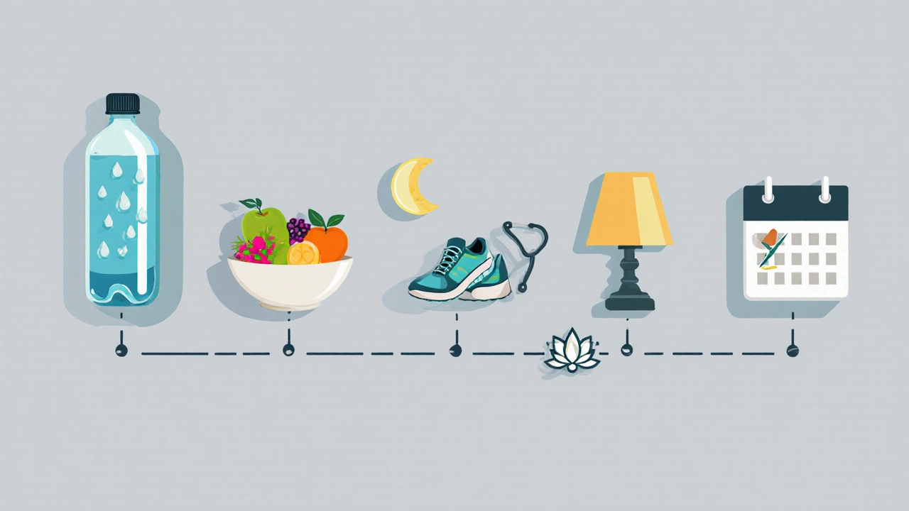 Ilustrace denního check‑listu: voda, jídlo, cvičení, spánek, meditace a lékařská prohlídka.