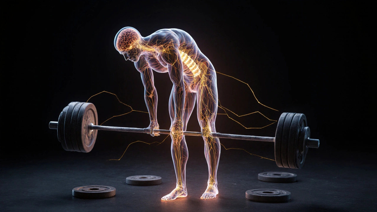 Ilustrace nervových cest aktivujících svaly při deadliftu.