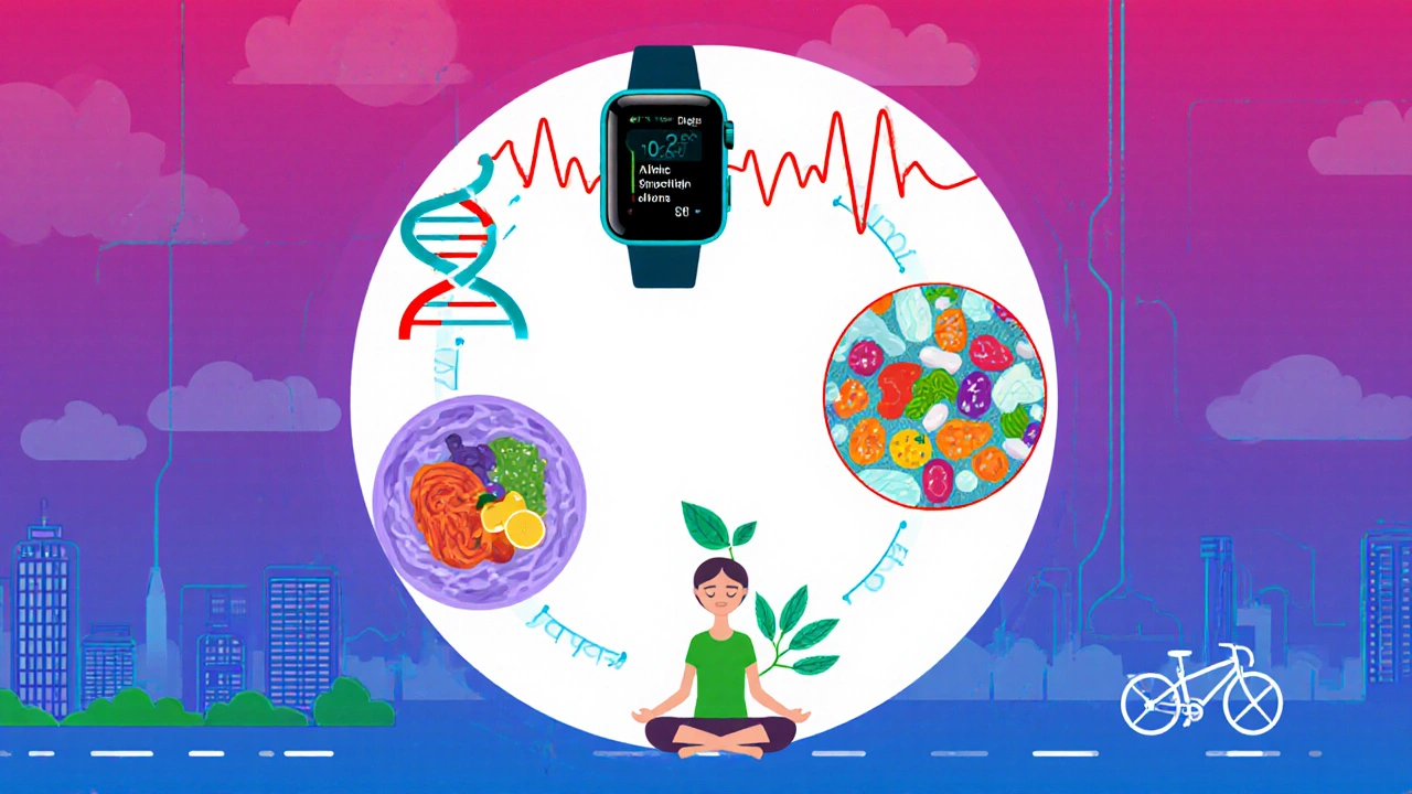 Ilustrace pěti pilířů zdraví: digitální monitor, DNA, fermentovaná strava, meditace a udržitelný život.