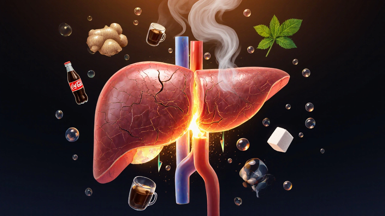 Játra jako kouřící pec, do které padají cukr, kofein a cola, zatímco byliny nad nimi svítí.