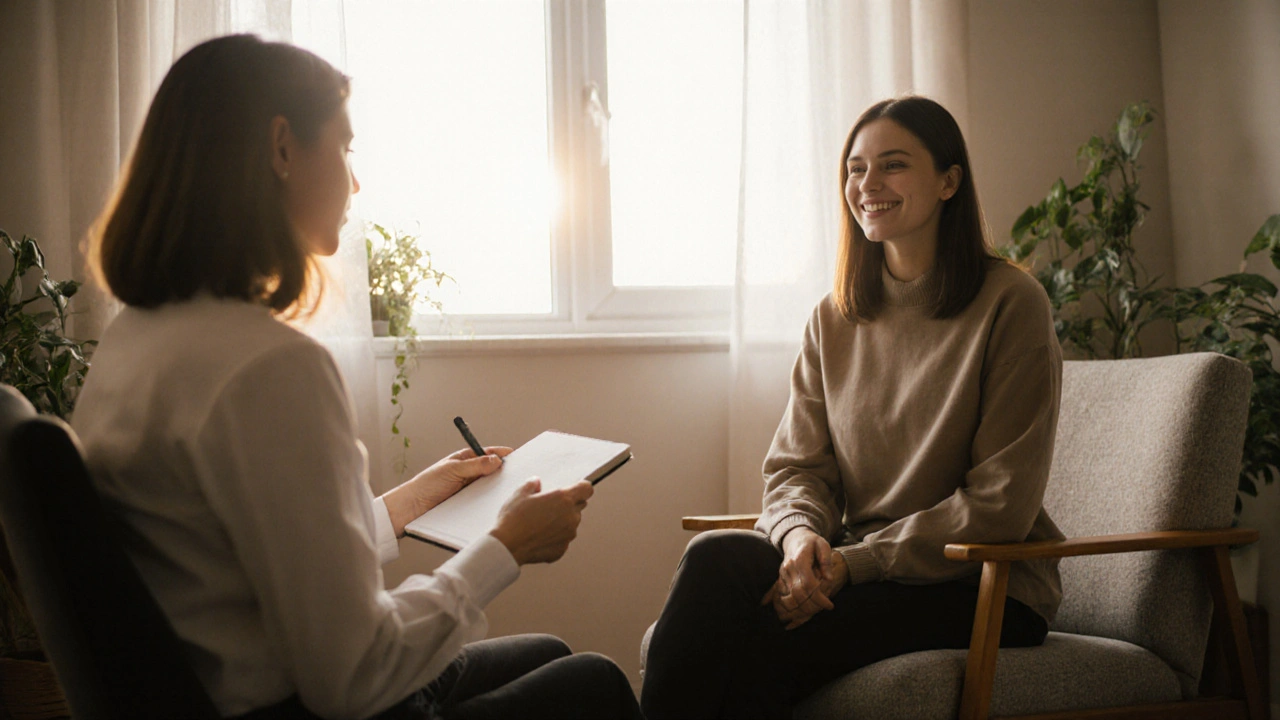 Klidná terapeutická místnost s klientem, slunečním světlem a pocitem naděje.