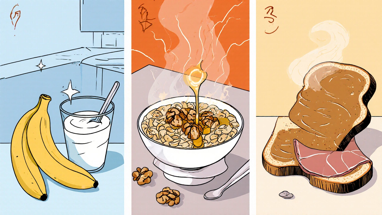 Komiksový kolážový obrázek tří rychlých předtréninkových snacků.