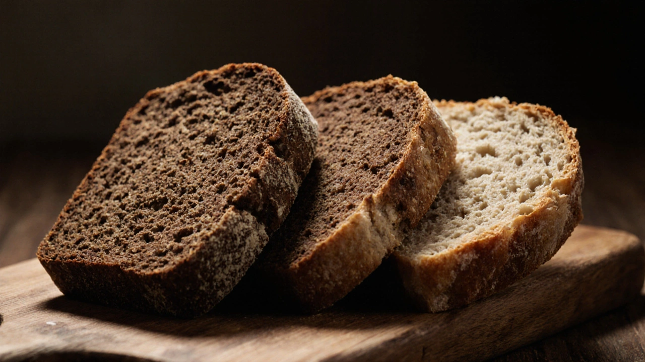Makro záběr čtyř druhů chleba na dřevěném prkénku, zvýrazněné struktury.