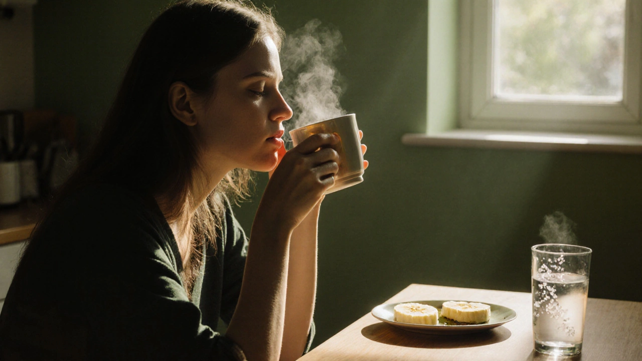 Osoba pije nechlaný bylinný čaj u stolu s vodou, banánem a vejcem, klidné osvěžené světlo.