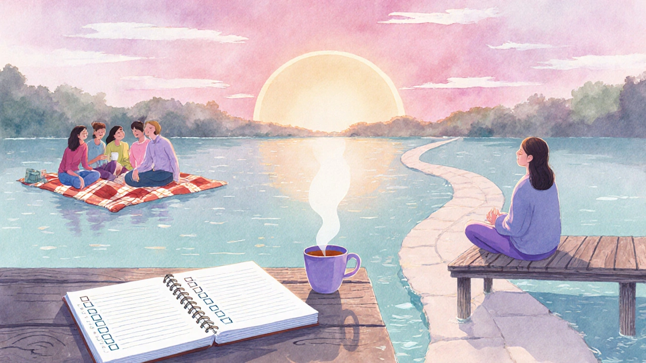 Osoba sedí na doku u jezera, praktikuje mindfulness, plán a přátelé v pozadí.