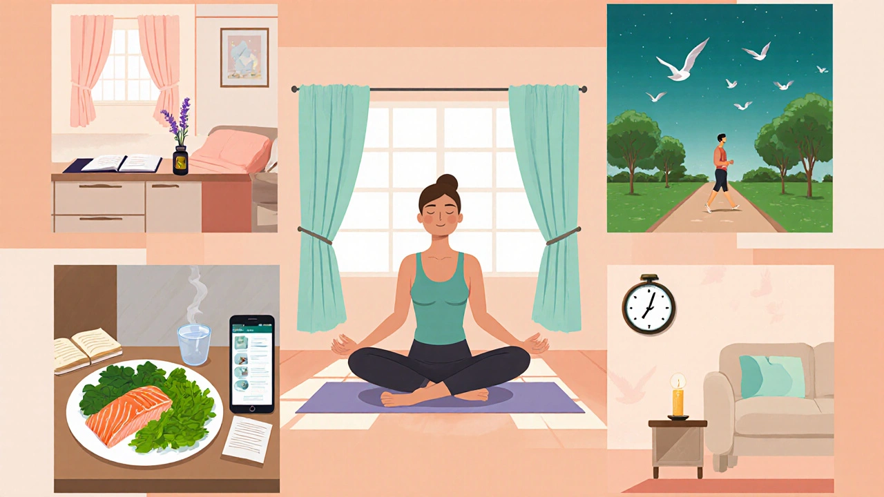 Postava provádí relaxační rituály: spánek, jídlo, cvičení a digitální detox.