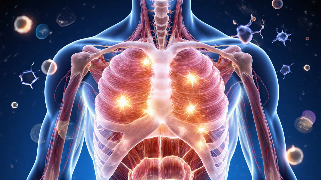 Přehled těla s viditelnými mitochondriemi a neurotransmitery, symbolizujícími energii a duševní klid.