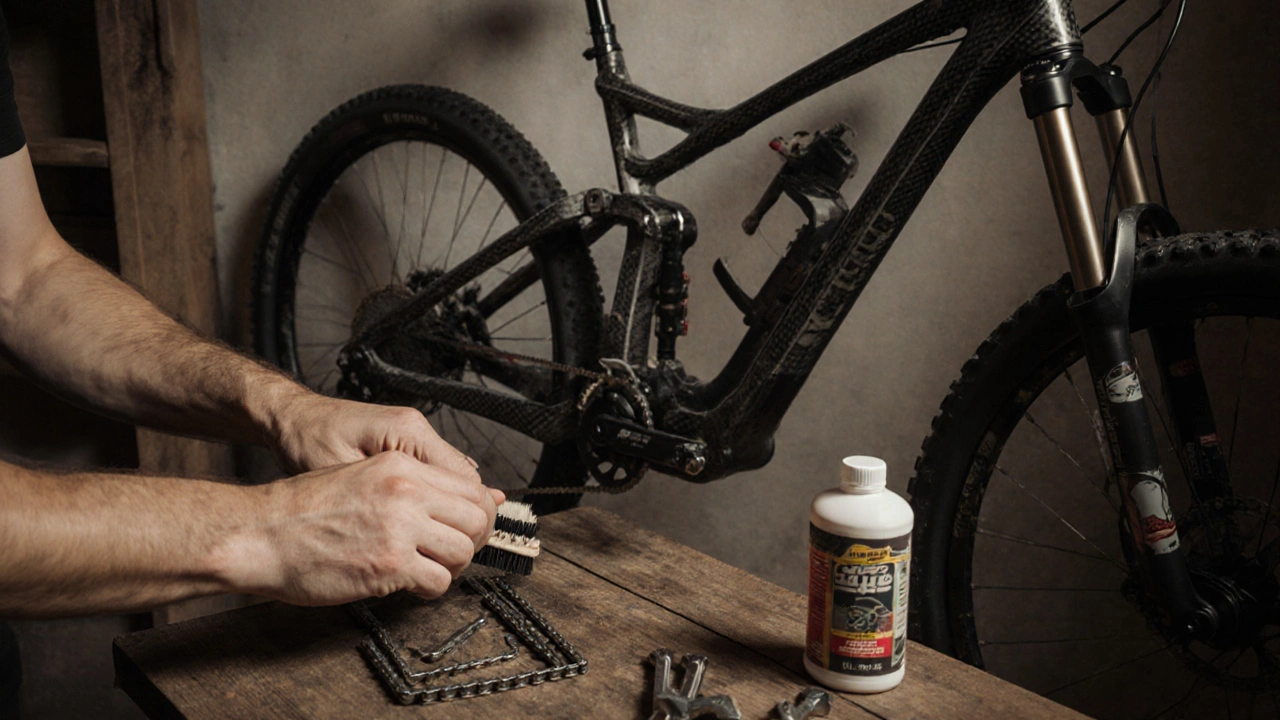 Ruce čistící řetěz a nářadí v dílně mountain bike.