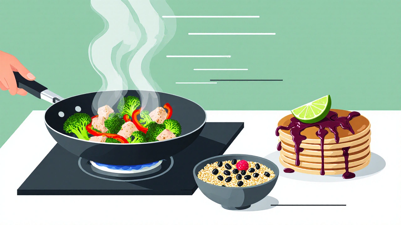 Rychlé zdravé jídlo – wok se zeleninou a kuřecím, kouřící quinoa a čerstvé bylinky.