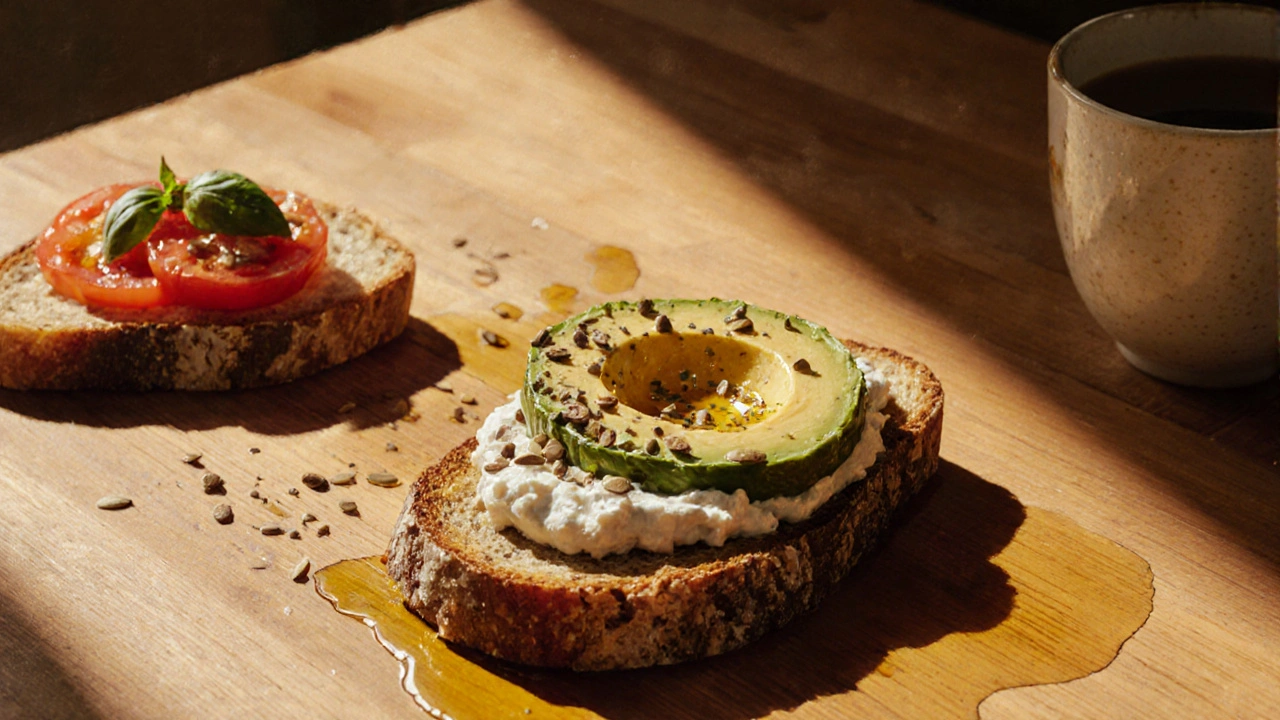 Snadná snídaně s celozrnným chlebem, tvarohem, avokádem a semínky na rustikálním stole.