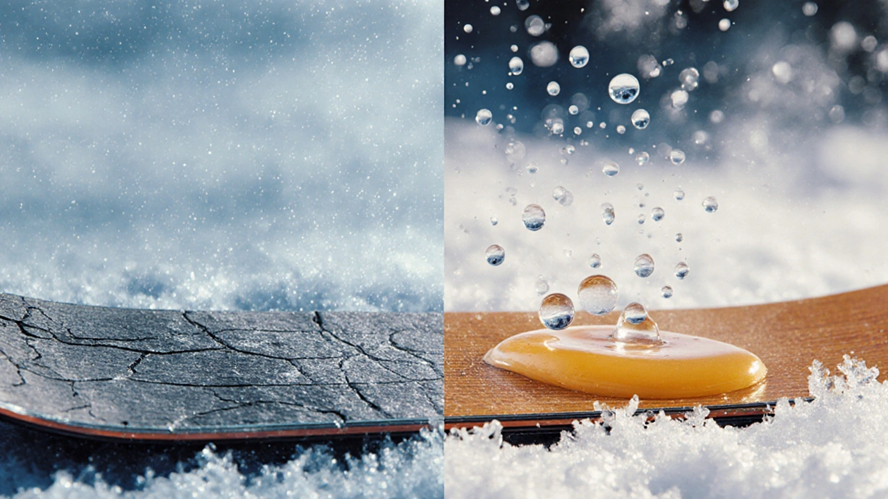 Srovnání suchého a zamazaného podstavce lyží s mikroskopickými kapkami vody.