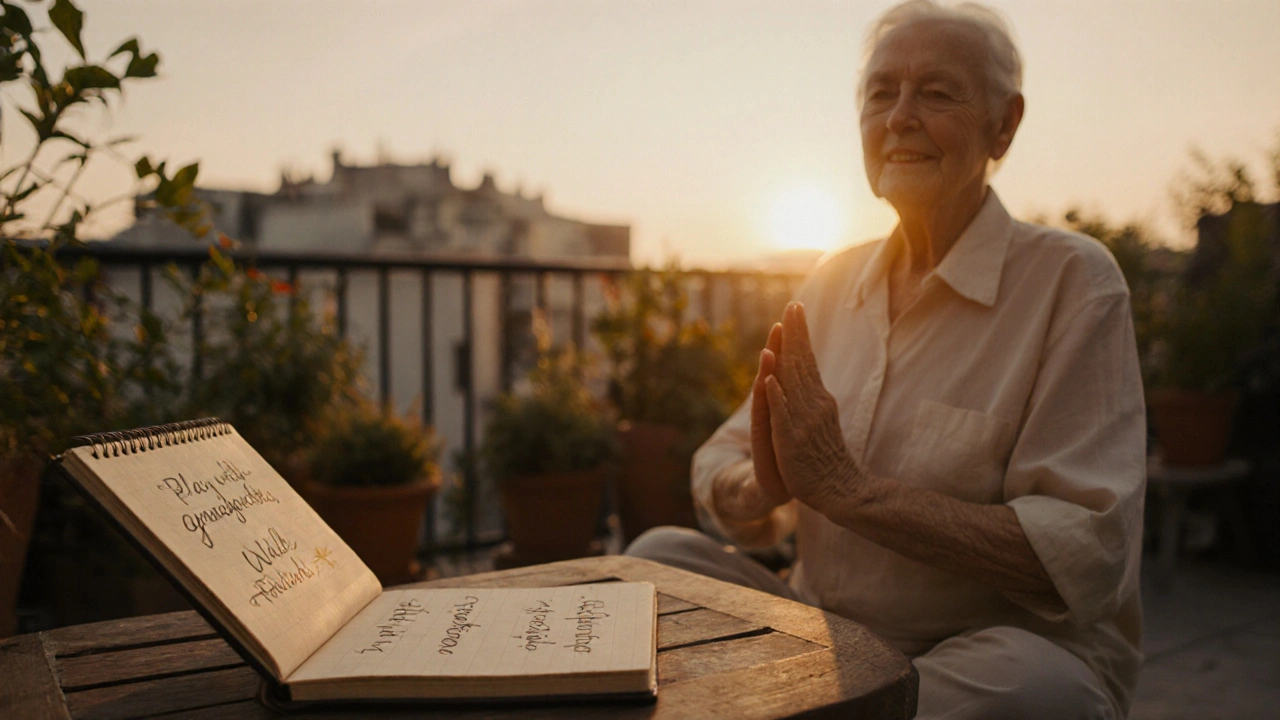 Starší osoba dělá jógu na balkoně večer, vedle ní poznámky s motivacemi.