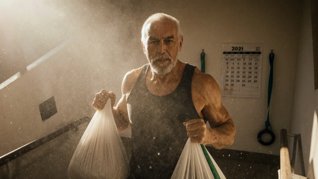 Starší osoba nést nákup, symbolizující sílu pro každodenní život.