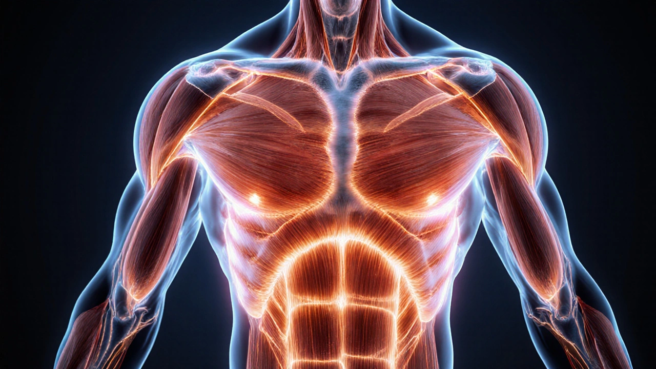 Anatomický náčrt mužského prsního svalu s vyznačenými částmi a aktivací během cviku.