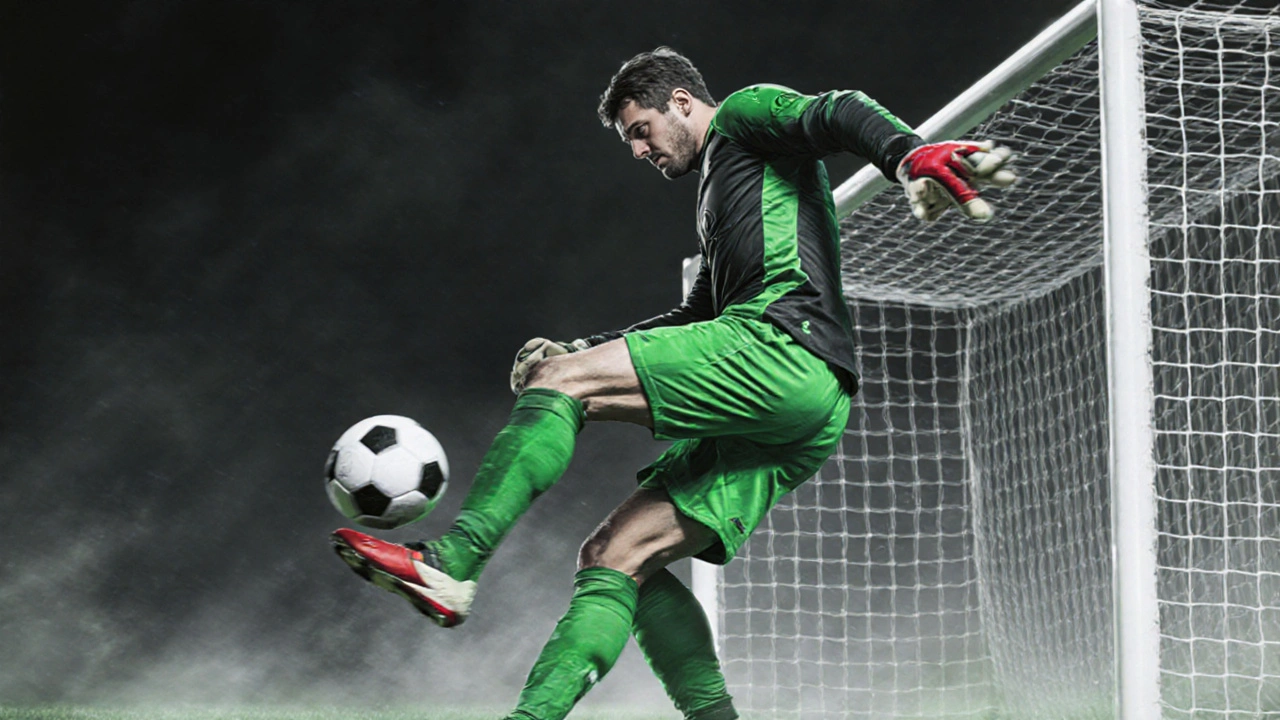 Brankář pustí míč na zem a hned ho chytá zpět do rukou.