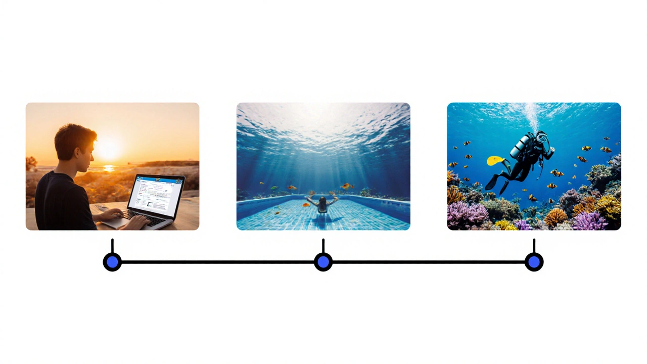 Časová osa potápěčského kurzu: teorie, bazén, volná voda.