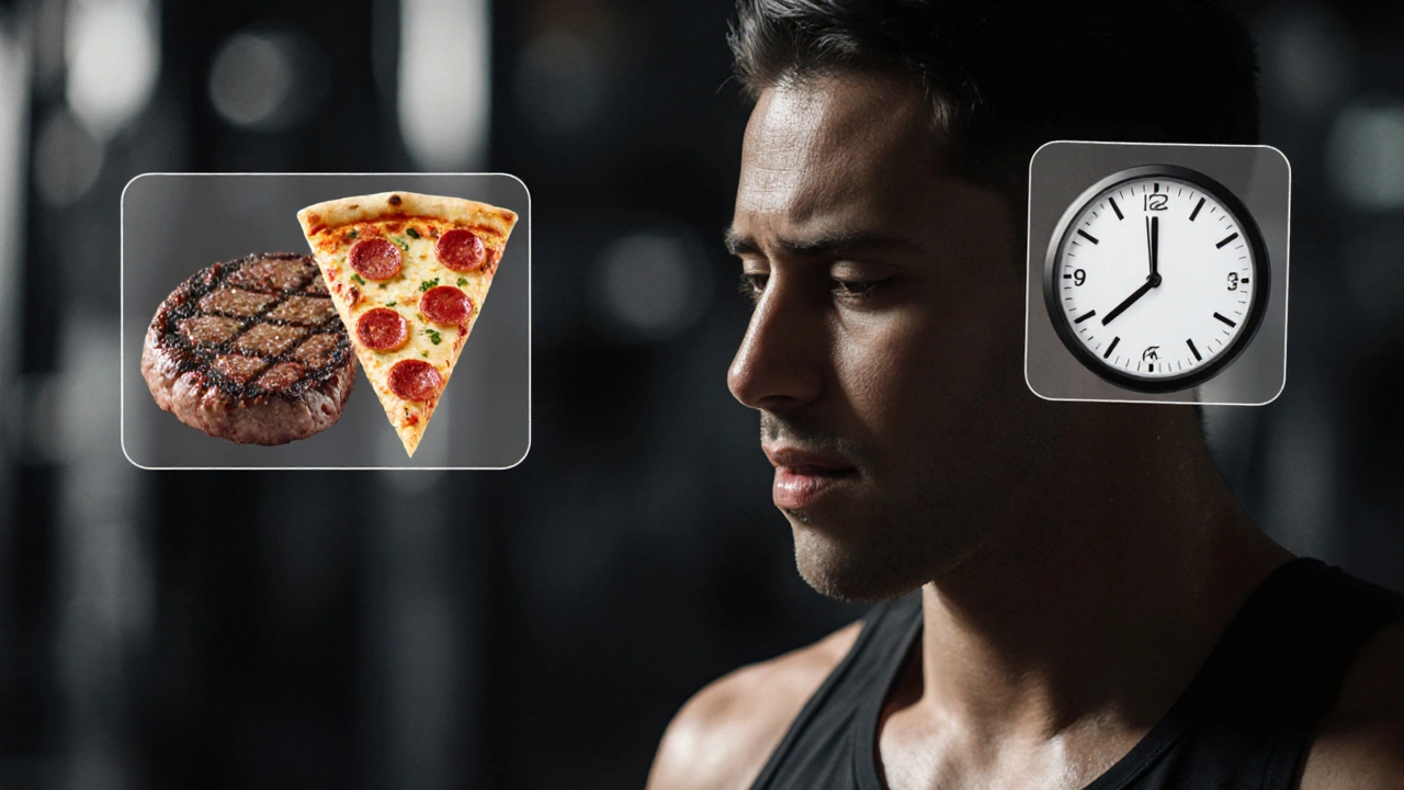 Člověk cvičí HIIT, nad ním jsou průhledné ikony těžkého jídla a hodiny.