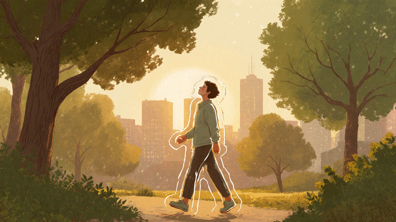 Člověk prochází parkem v zlatém světle, bez telefonu, v klidu