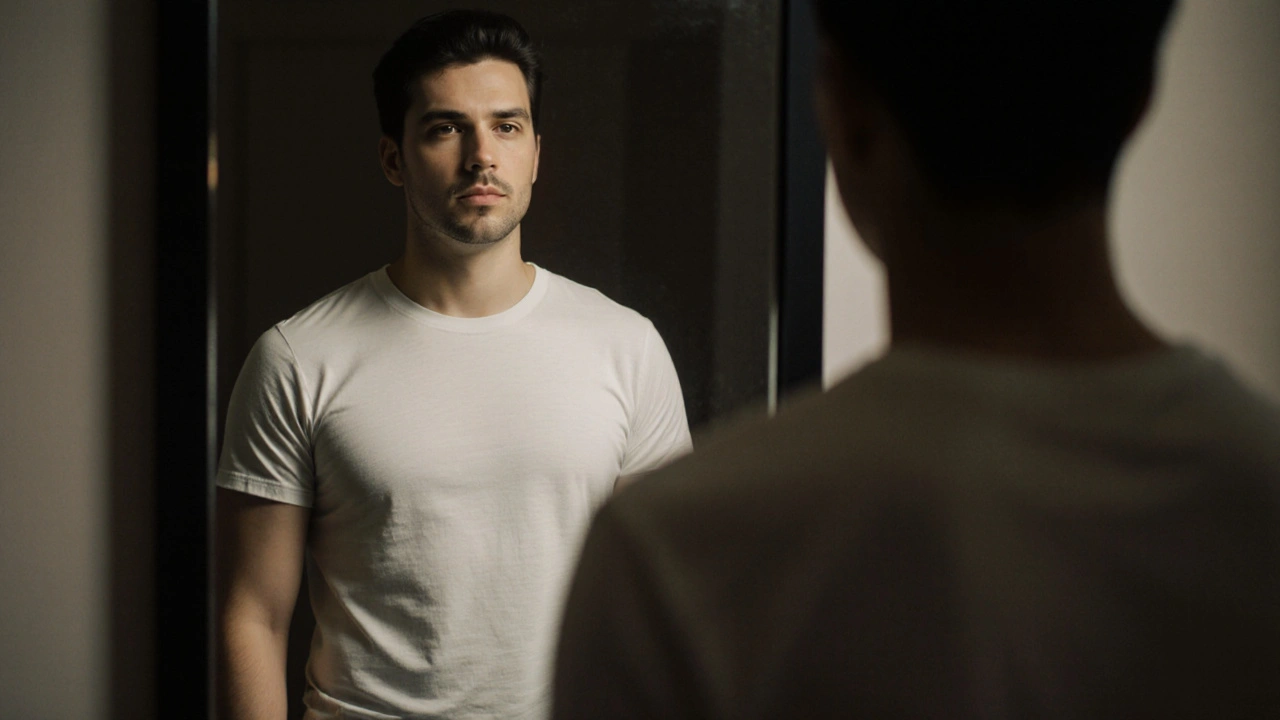 Člověk v stejném tričku, které mu dříve volně sedělo, nyní svírá na ramenách.