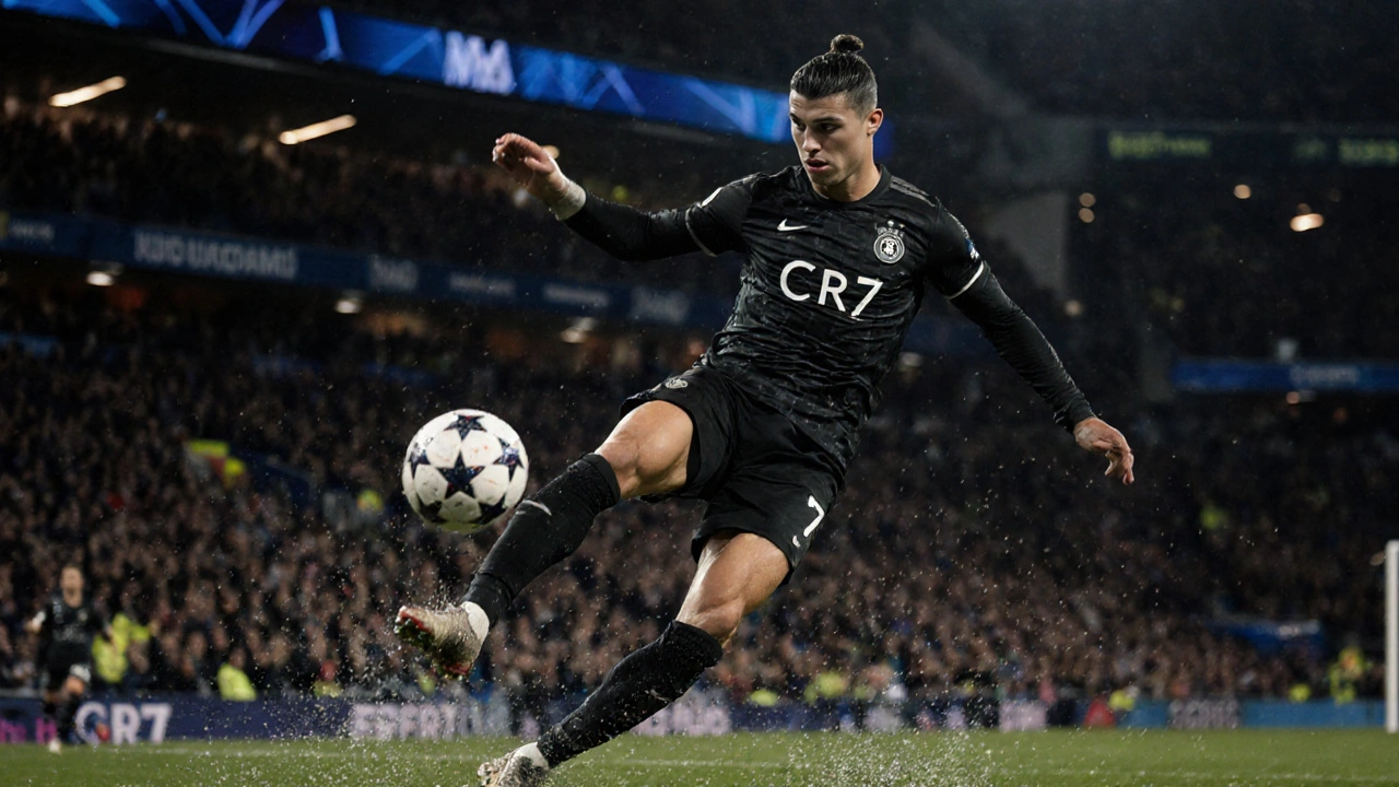 Cristiano Ronaldo v skoku střílí gól v moderním fotbalovém stadionu.