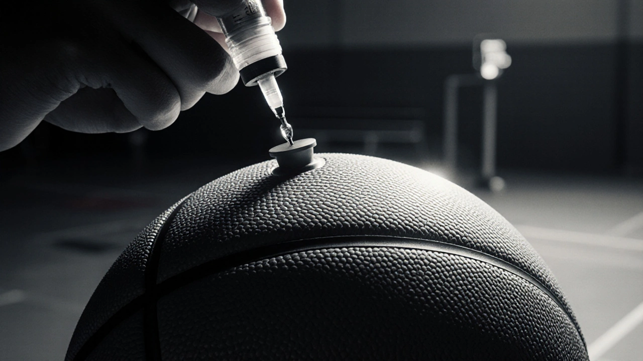 Detailní záběr nafukování basketbalu s jehlou a kapkou mastidla na ventilkovém otvoru.