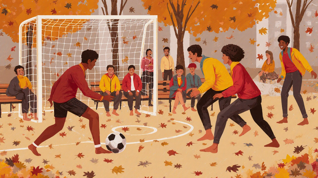 Dospělí hrají malou domů v parku na podzim, s listím a barevnými bundami jako brankami.