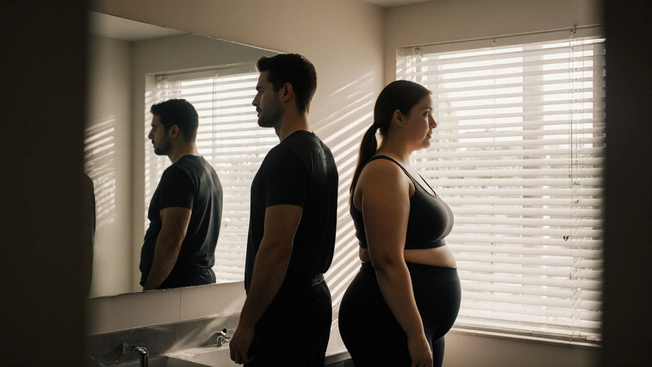 Dva lidé v šatně, jejich siluety ukazují různé místa hubnutí