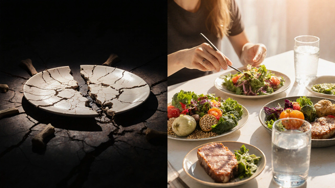 Dvě cesty: hladovění na levé straně, vyvážená výživa na pravé.