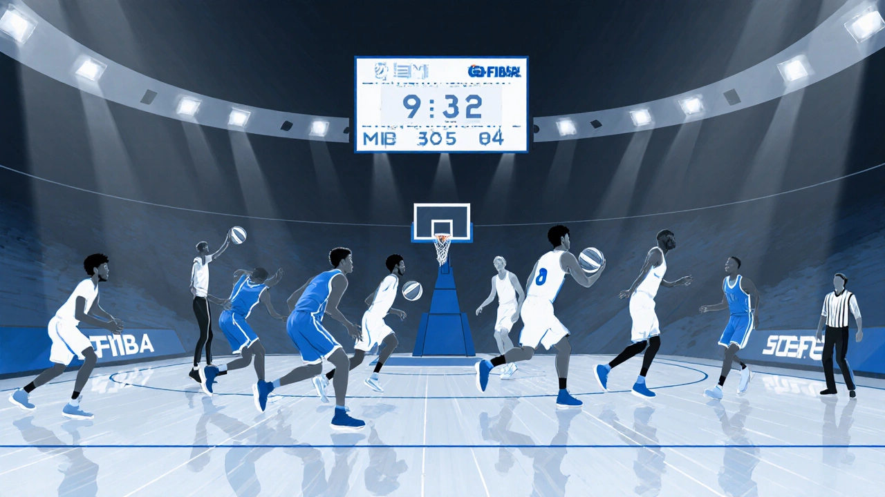 Evropský basketbalový zápas s časem 9:32 v třetí čtvrtině.