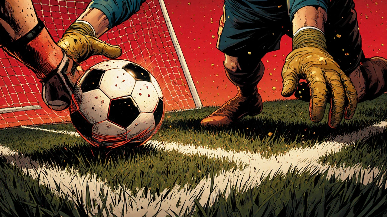 Komiksový styl: noha hráče kopá míč, brankář skáče, pohybové čáry zdůrazňují akci.