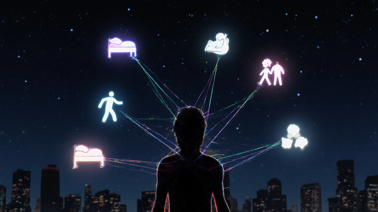 Konektivní nitě reprezentující klíčové faktory zdraví v lidském obrazu