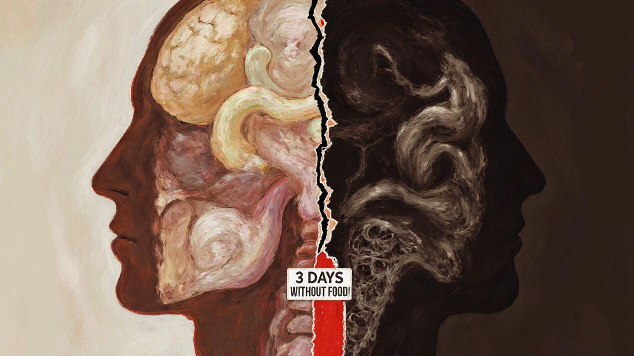 Kresba lidského těla s jednou stranou zdravé a druhou poškozenou po třech dnech hladovění.