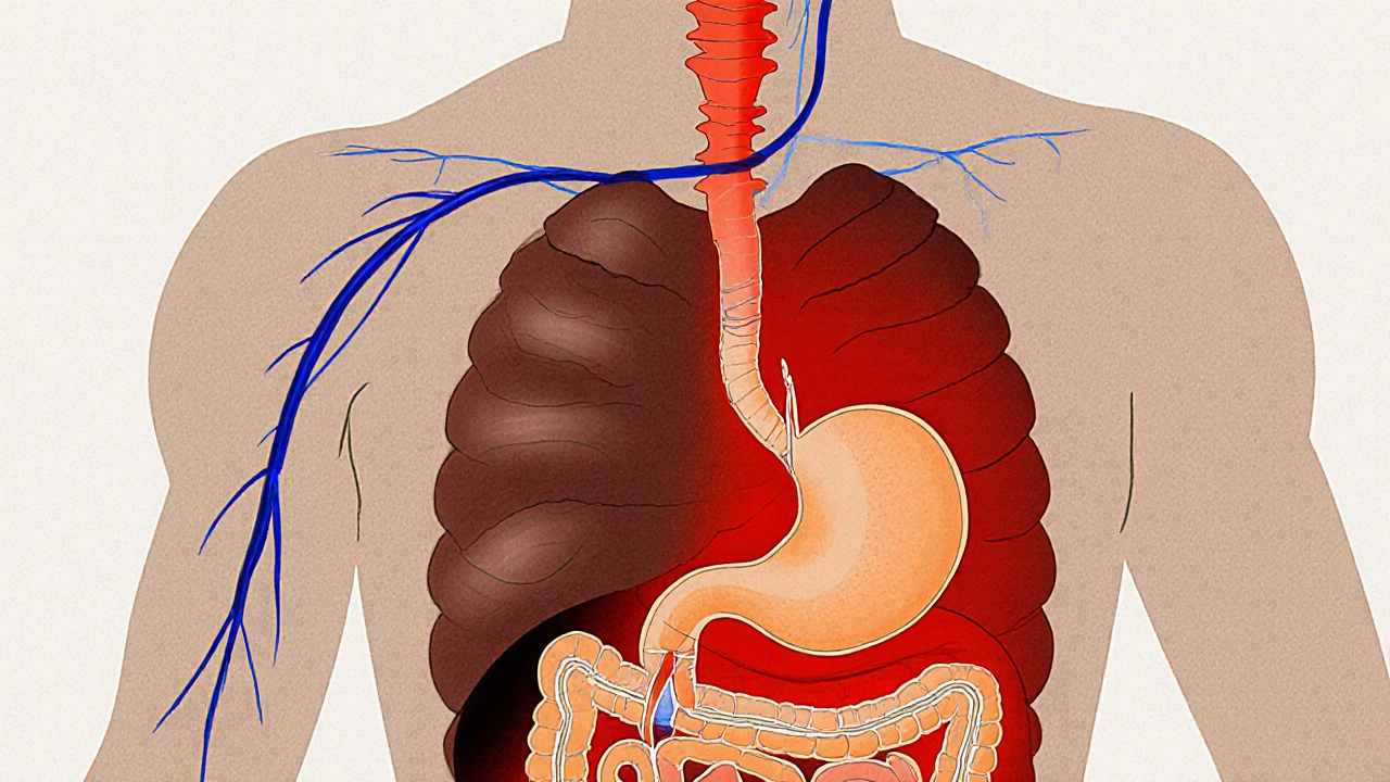 Křížový řez lidského těla ukazující tok krve mezi trávením a svaly.