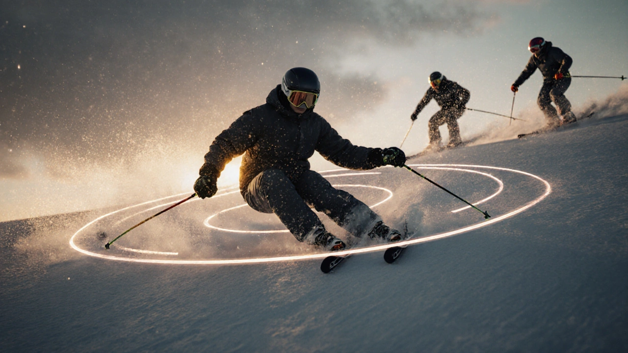 Lyžař vykresluje široký oblouk na sjezdovce s následkem jízdy v podobě světlé čáry.