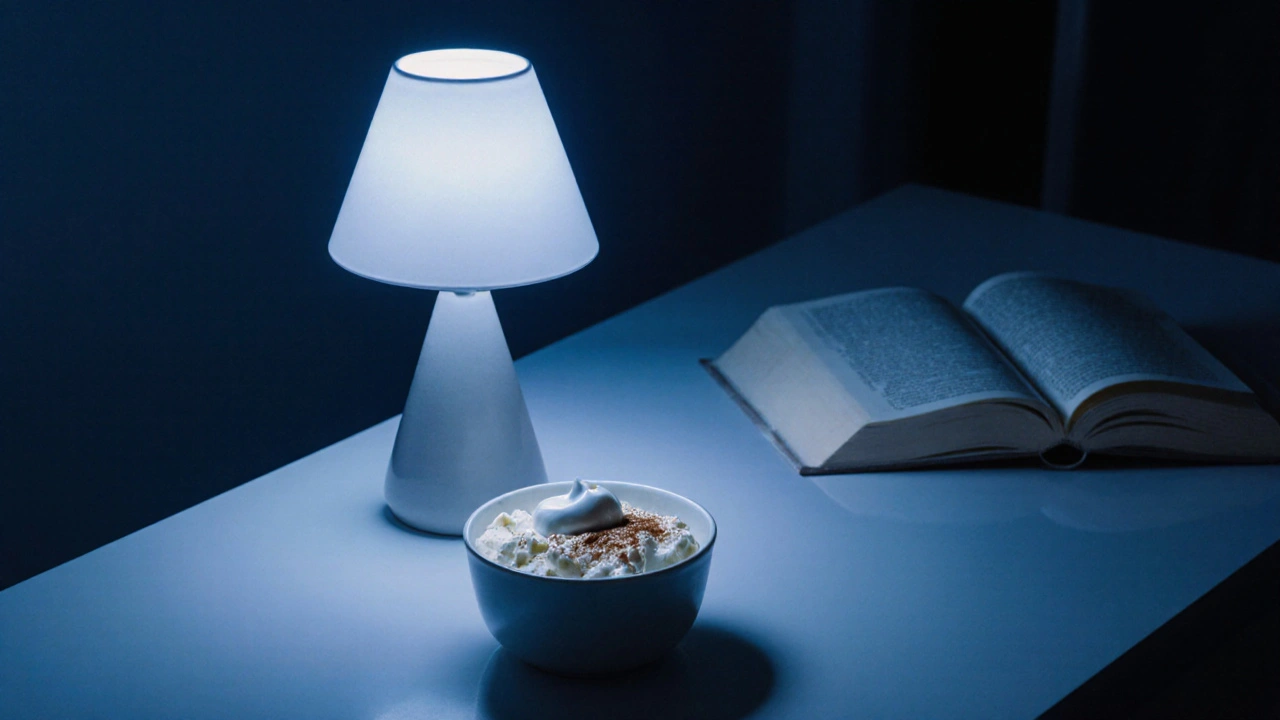 Malá mísa tvarohu s skořicí a jogurtem na nočním stolku večer.