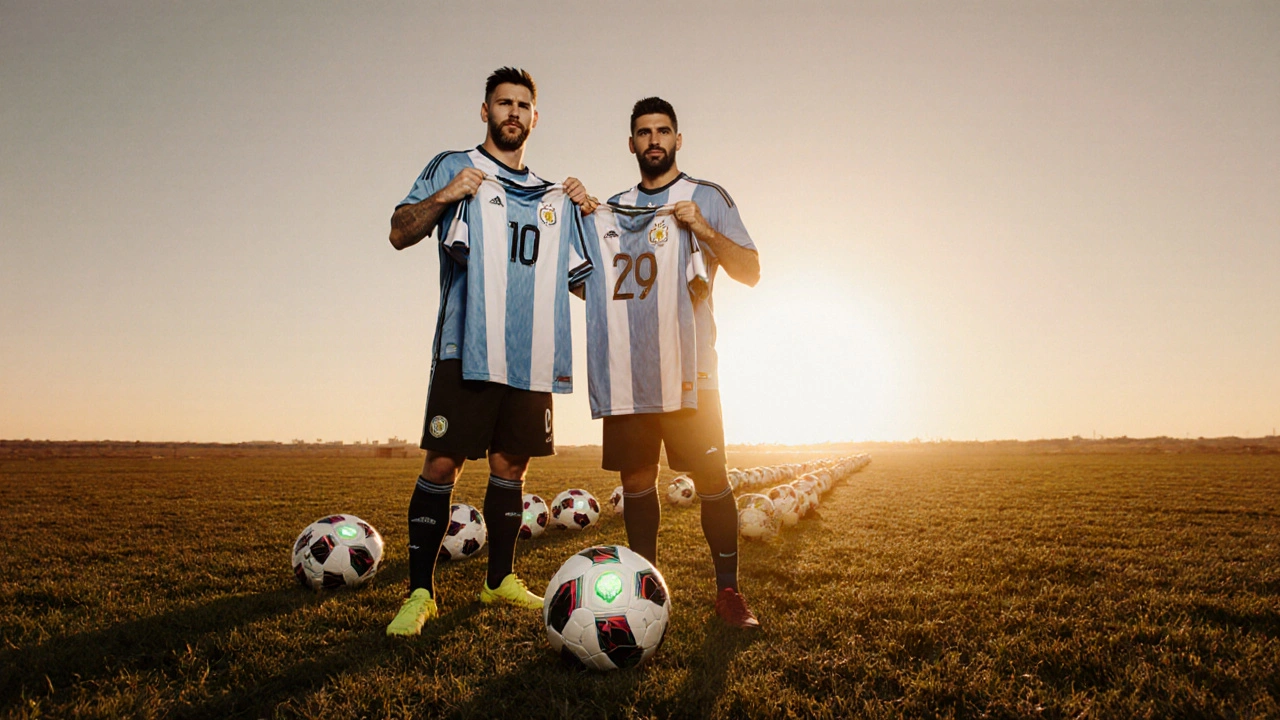 Messi a Daei stojí spolu na poli při západu slunce, symbolizují rekordní góly.