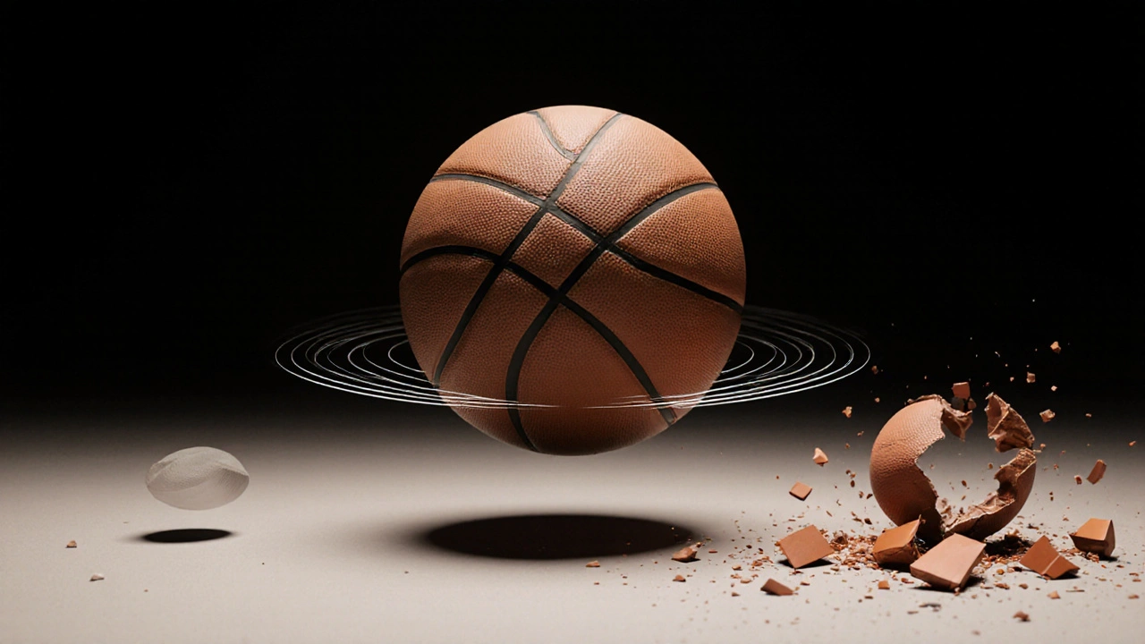 Míč odrazující přesně na výši pásu, symbolizující ideální tlak ve srovnání s příliš měkkým a tvrdým míčem.