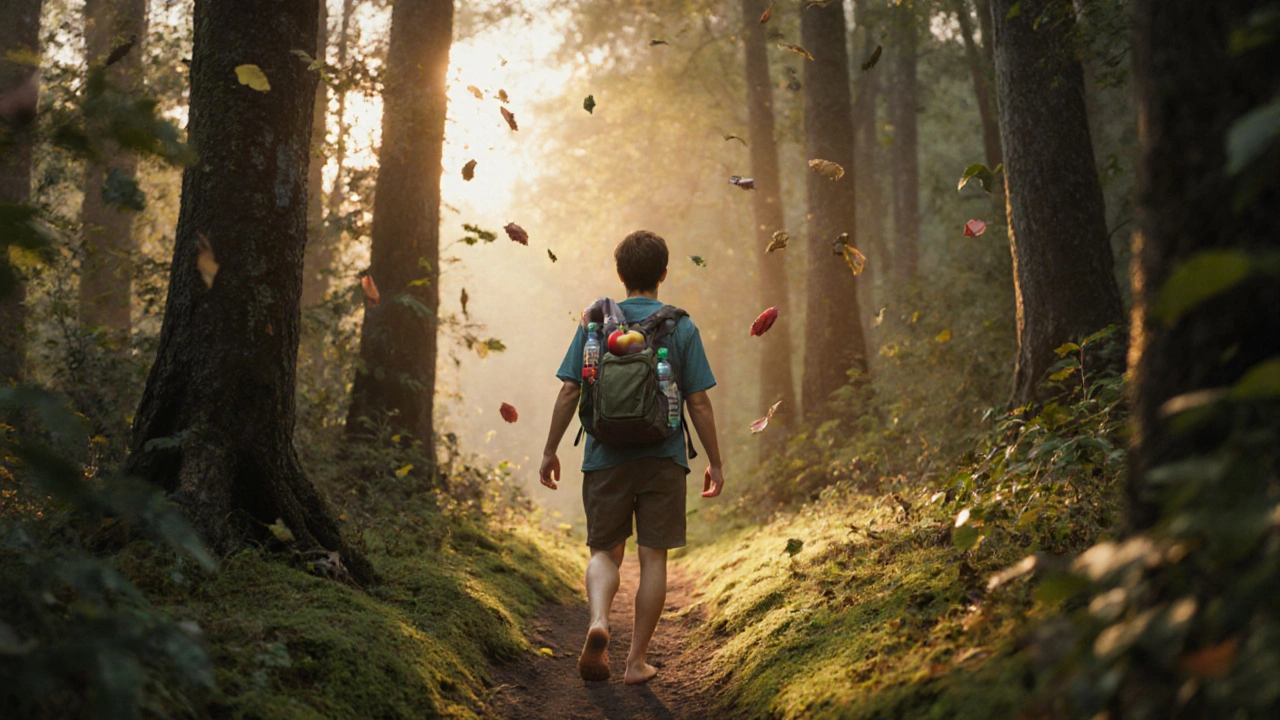 Osoba prochází lesní cestou v zlatém světle, cítí se spojena s přírodou.