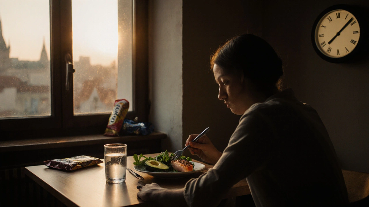 Osoba večer jí jednoduché jídlo s rybou a zeleninou, za oknem je hodina 19:05 a v koši jsou sladké svačiny.