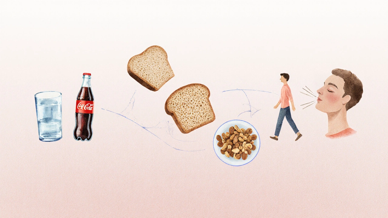 Pět malých změn ke zdravějšímu jídlu: voda, celozrnné potraviny, oříšky, procházka a klid.