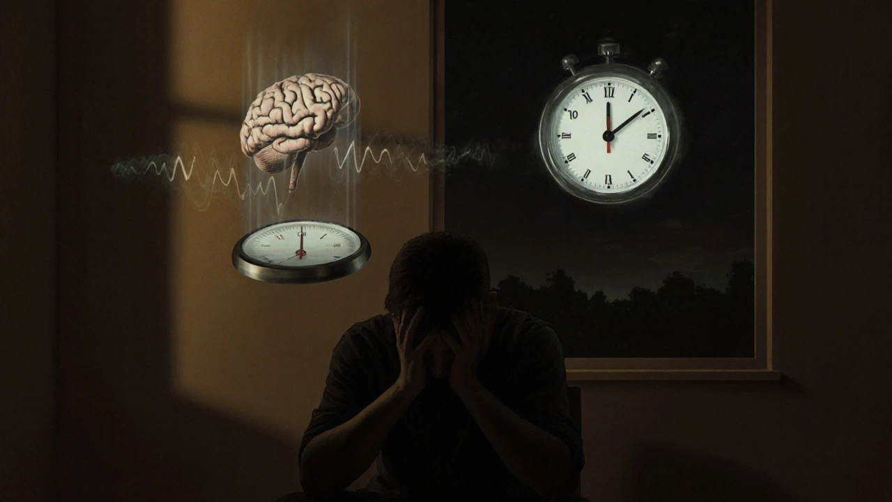 Postava v tiché místnosti s symboly ztráty svalů, stresu a času.