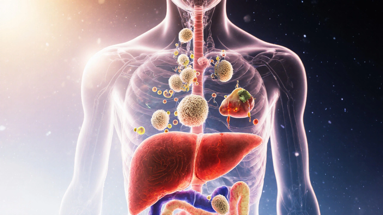 Průhledné tělo s cukry přeměňujícími se v tuk v játrech, s červenými signály inzulínu.