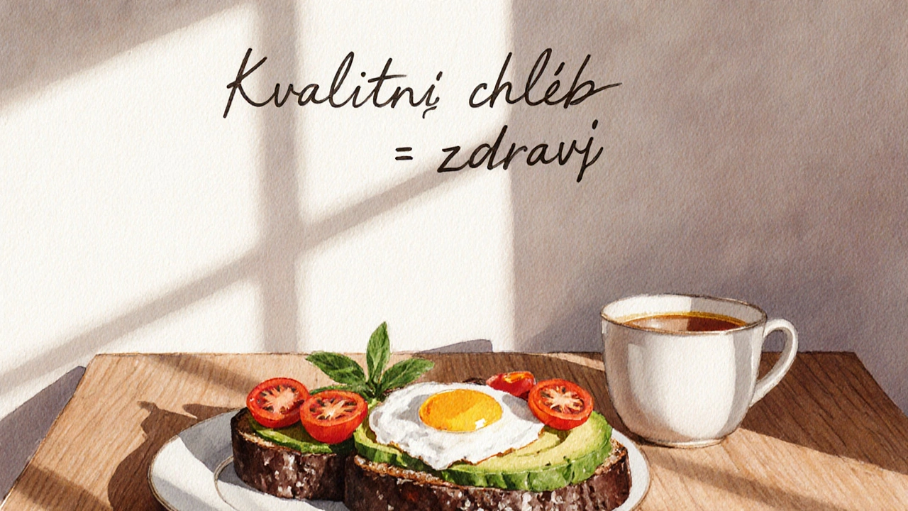 Ranní snídaně s celozrnným chlebem, avokádem a vajíčkem v české kuchyni.