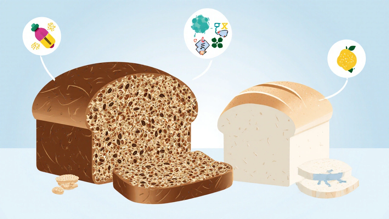 Rozdělený celozrnný žitný chléb vedle bílého průmyslového chleba s výživovými symboly.